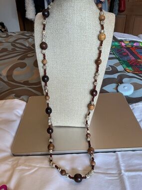 Wooden Beaded and Red Glass Long Necklace